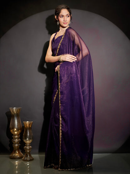 Janasya Women's Purple Silk Blend One-Minute Ready-to-Wear Embellished Shimmer Saree with Unstitched Blouse
