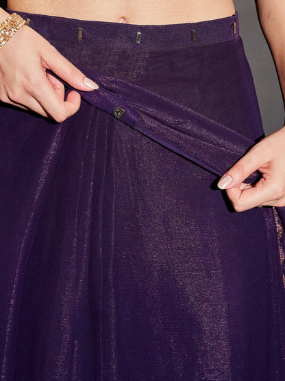 Janasya Women's Purple Silk Blend One-Minute Ready-to-Wear Embellished Shimmer Saree with Unstitched Blouse