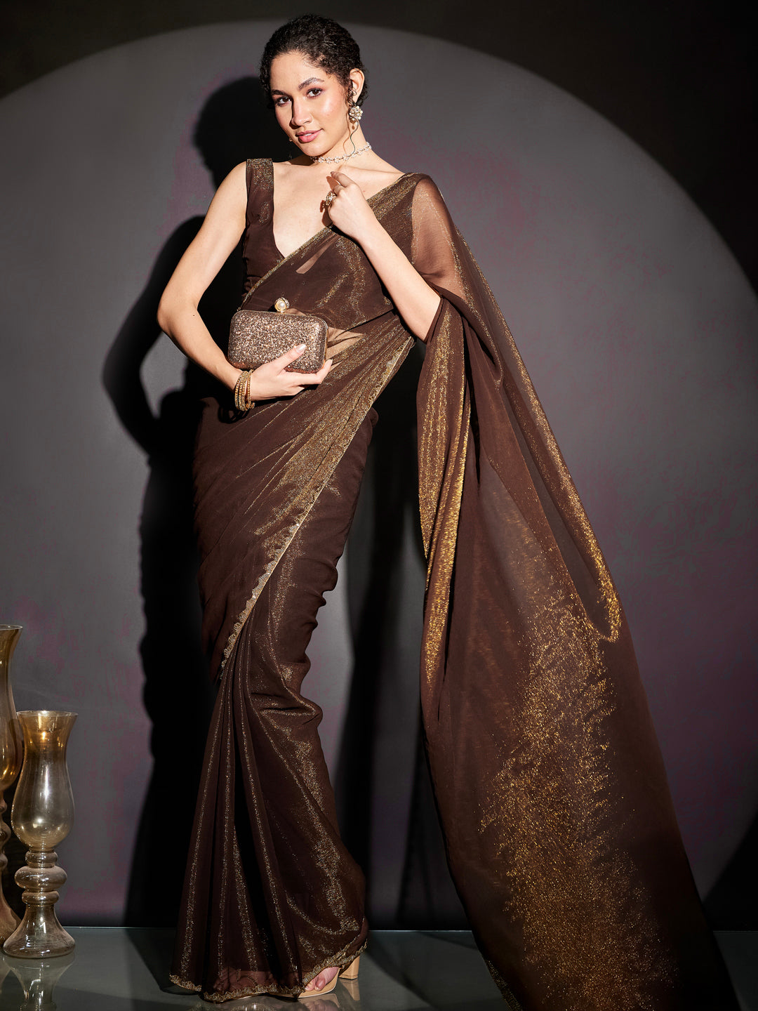 Janasya Women's Brown Silk Blend One-Minute Ready-to-Wear Embellished Shimmer Saree with Unstitched Blouse