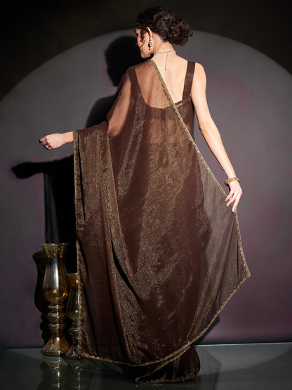 Janasya Women's Brown Silk Blend One-Minute Ready-to-Wear Embellished Shimmer Saree with Unstitched Blouse