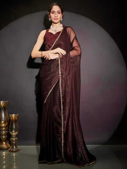 Janasya Women's Burgundy Silk Blend One-Minute Ready-to-Wear Embellished Shimmer Saree with Unstitched Blouse