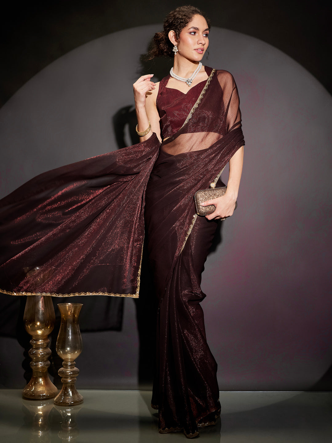 Janasya Women's Burgundy Silk Blend One-Minute Ready-to-Wear Embellished Shimmer Saree with Unstitched Blouse