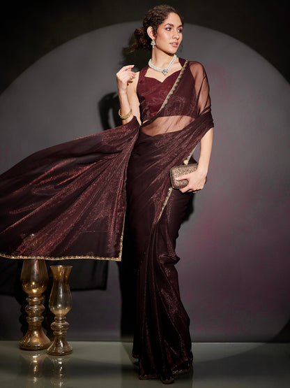 Janasya Women's Burgundy Silk Blend One-Minute Ready-to-Wear Embellished Shimmer Saree with Unstitched Blouse