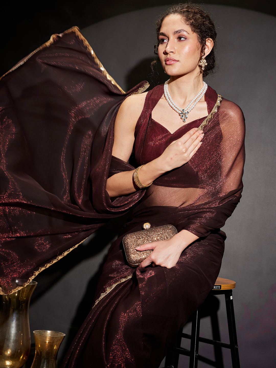 Janasya Women's Burgundy Silk Blend One-Minute Ready-to-Wear Embellished Shimmer Saree with Unstitched Blouse