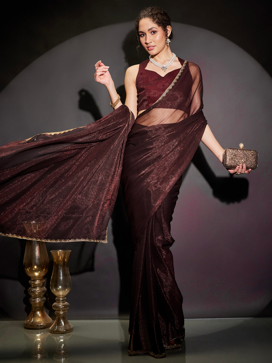 Janasya Women's Burgundy Silk Blend One-Minute Ready-to-Wear Embellished Shimmer Saree with Unstitched Blouse