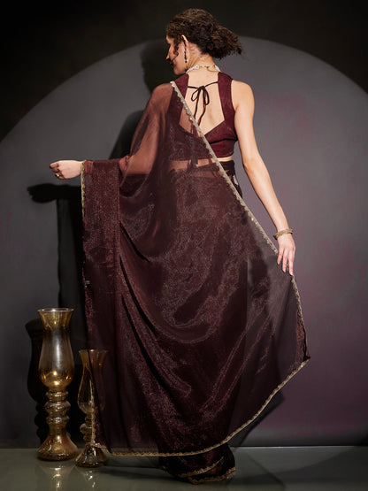 Janasya Women's Burgundy Silk Blend One-Minute Ready-to-Wear Embellished Shimmer Saree with Unstitched Blouse