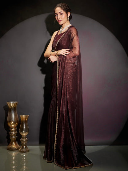 Janasya Women's Burgundy Silk Blend One-Minute Ready-to-Wear Embellished Shimmer Saree with Unstitched Blouse