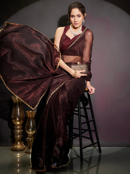 Janasya Women's Burgundy Silk Blend One-Minute Ready-to-Wear Embellished Shimmer Saree with Unstitched Blouse