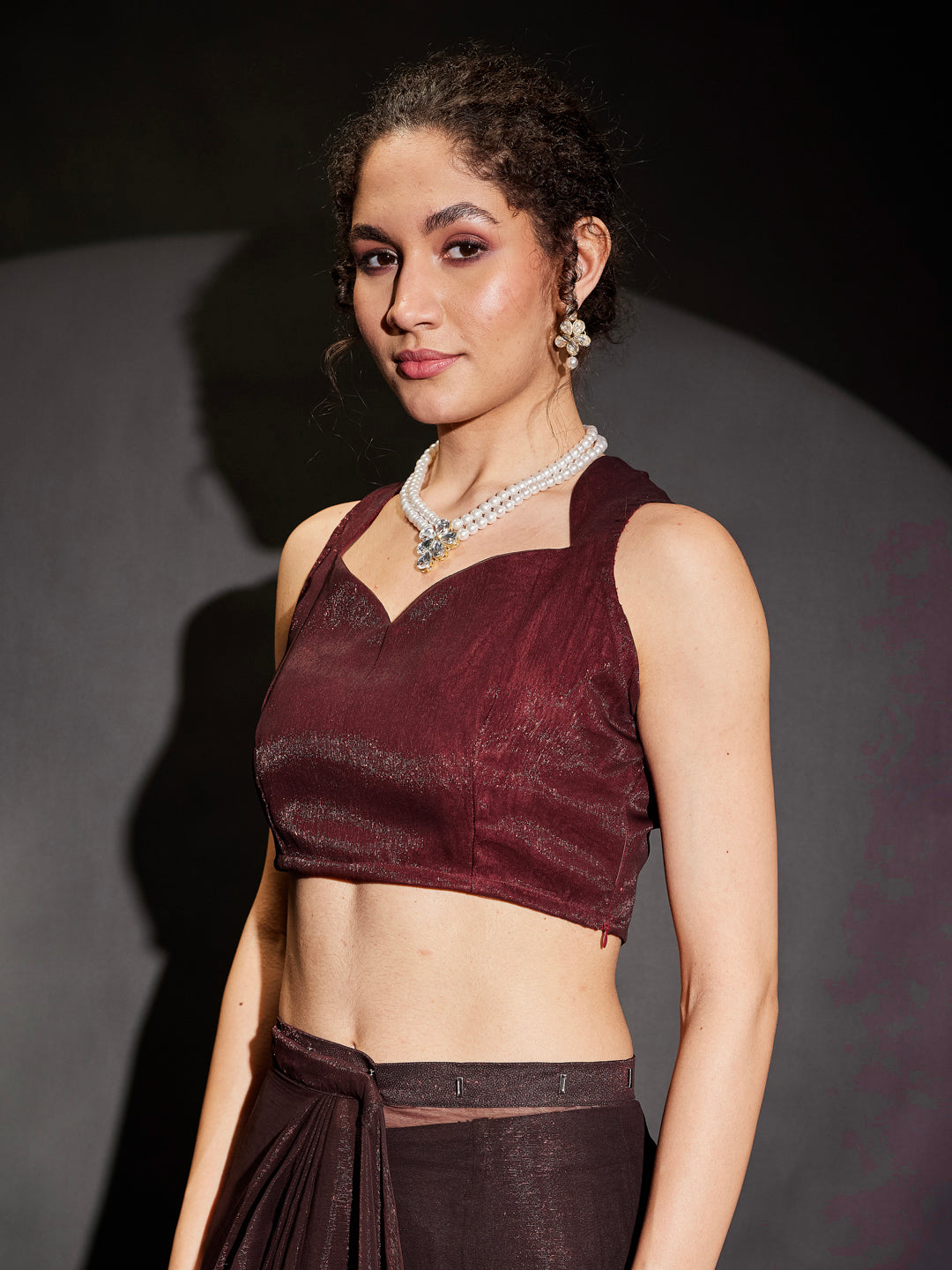 Janasya Women's Burgundy Silk Blend One-Minute Ready-to-Wear Embellished Shimmer Saree with Unstitched Blouse