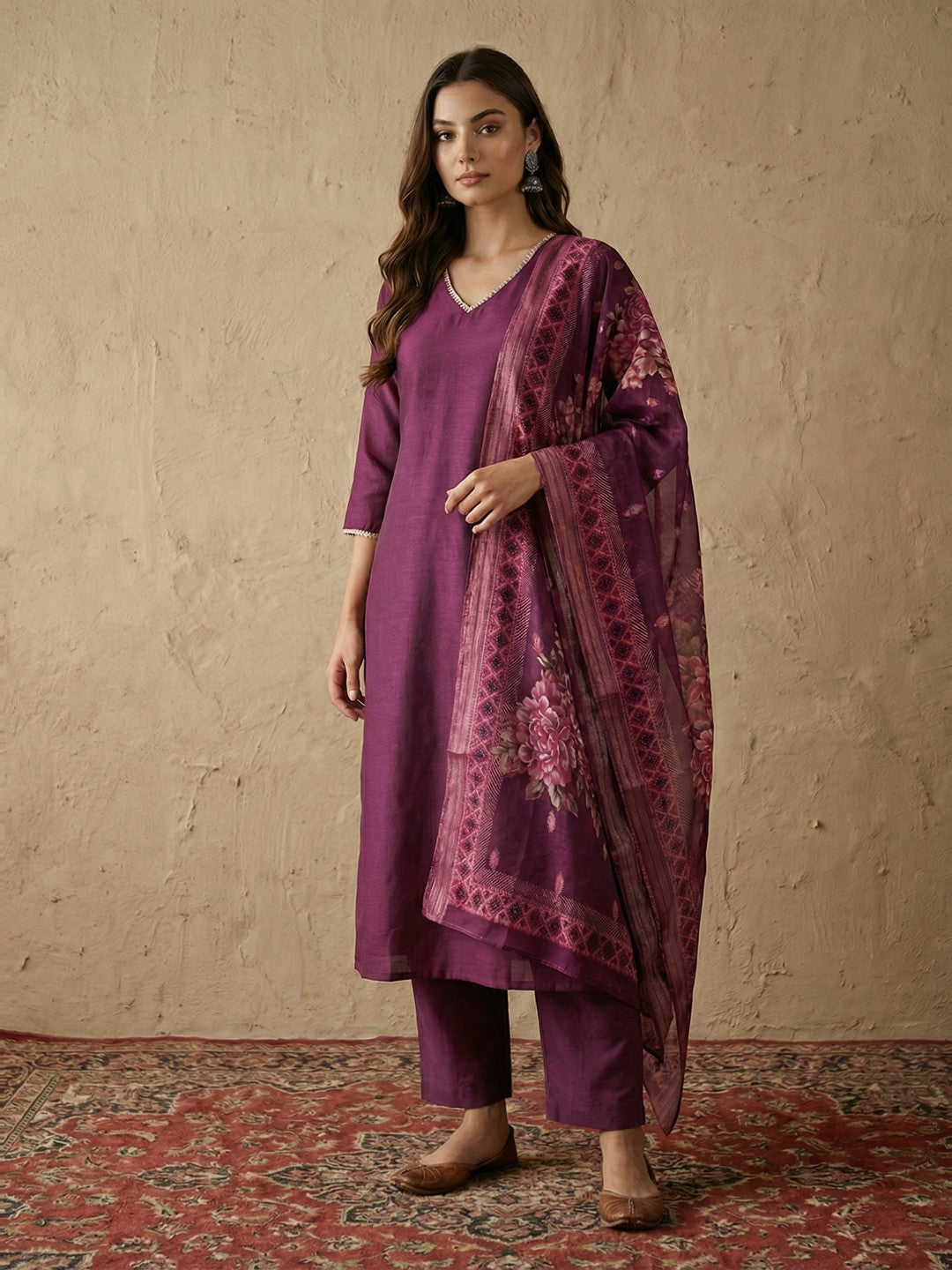 Janasya Women's Wine Silk Blend Straight Kurta Set With Printed Dupatta