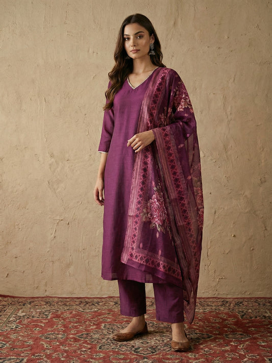 Janasya Women's Wine Silk Blend Straight Kurta Set With Printed Dupatta