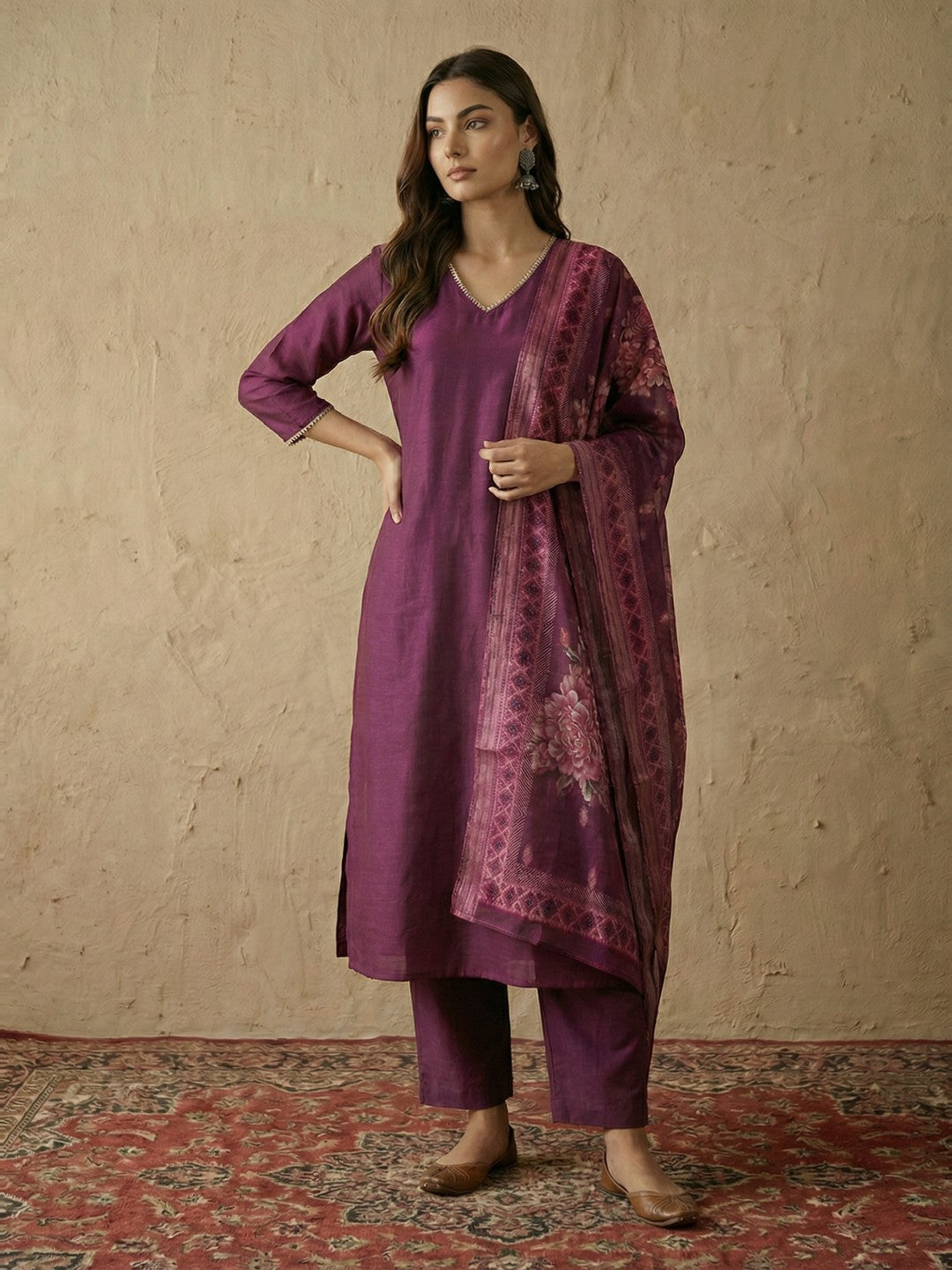 Janasya Women's Wine Silk Blend Straight Kurta Set With Printed Dupatta