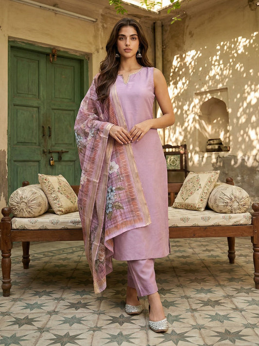 Janasya Women's Lavender Silk Blend Solid Straight Kurta Set