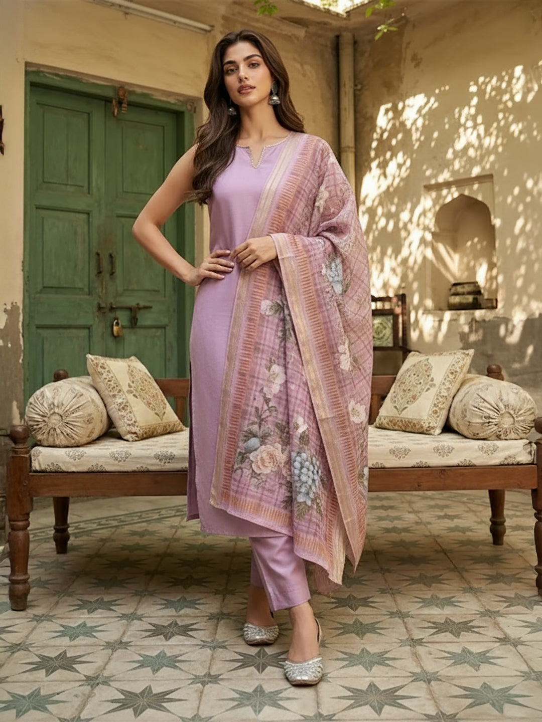 Janasya Women's Lavender Silk Blend Solid Straight Kurta Set