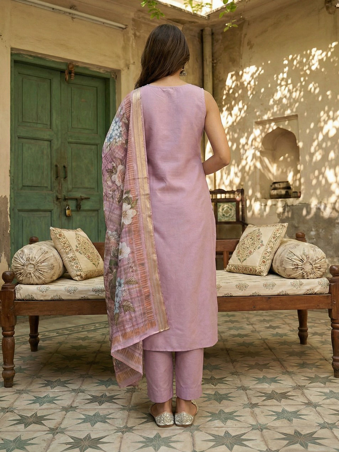 Janasya Women's Lavender Silk Blend Solid Straight Kurta Set