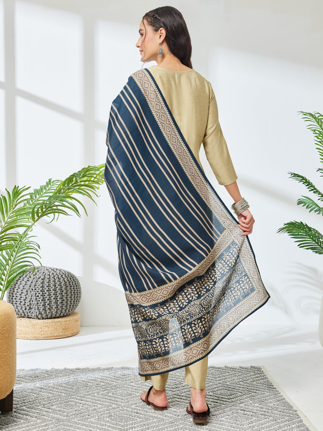 Janasya Women's Light Olive Chanderi Yoke Embroidered Straight Kurta Set