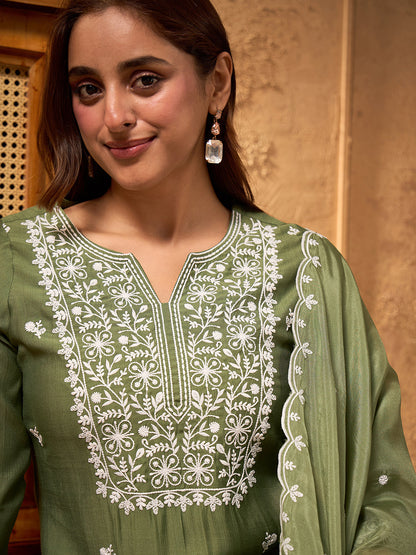 Janasya Women's Sage Green Silk Blend Floral Embroidered Straight Kurta Set
