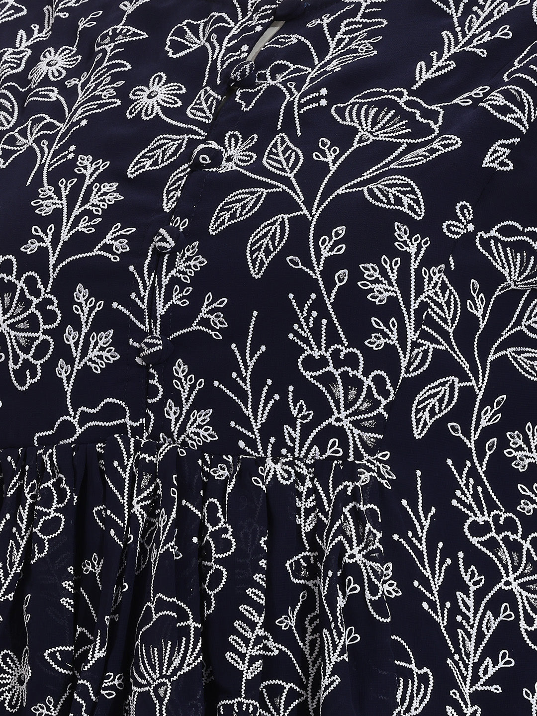 Janasya Women's Navy Blue Georgette Floral Rubber Print Peplum Top