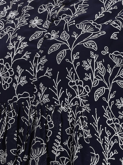 Janasya Women's Navy Blue Georgette Floral Rubber Print Peplum Top