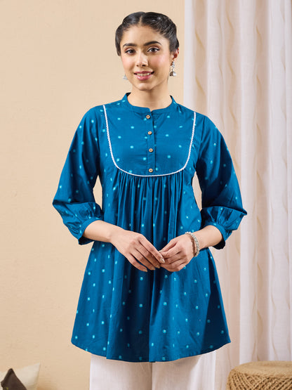 Janasya Women's Teal Blue Pure Cotton Floral Foil Printed A-line Tunic