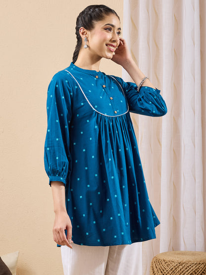 Janasya Women's Teal Blue Pure Cotton Floral Foil Printed A-line Tunic