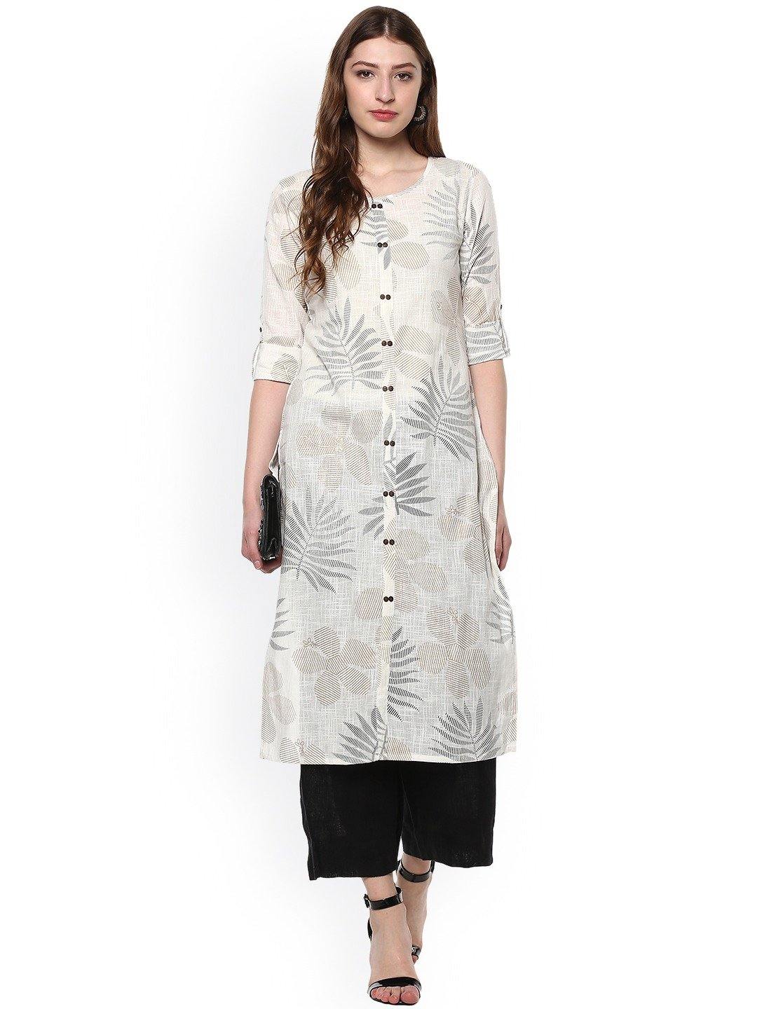 Off White Cotton Foil Print Straight Kurta Janasya