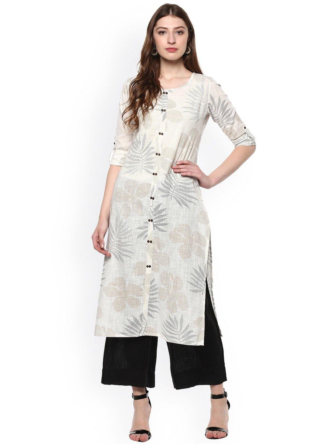 Off White Cotton Foil Print Straight Kurta Janasya