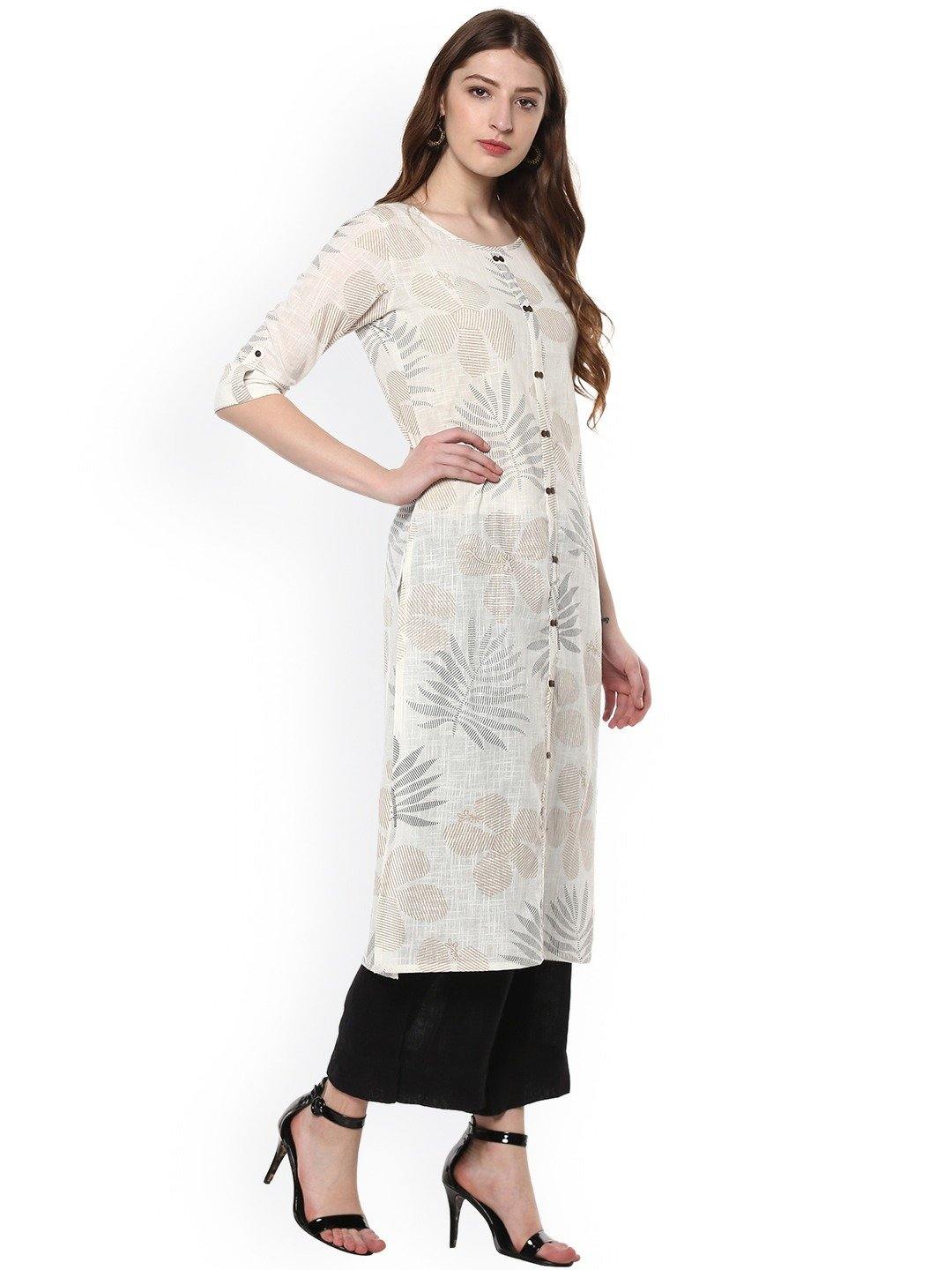 Off White Cotton Foil Print Straight Kurta Janasya