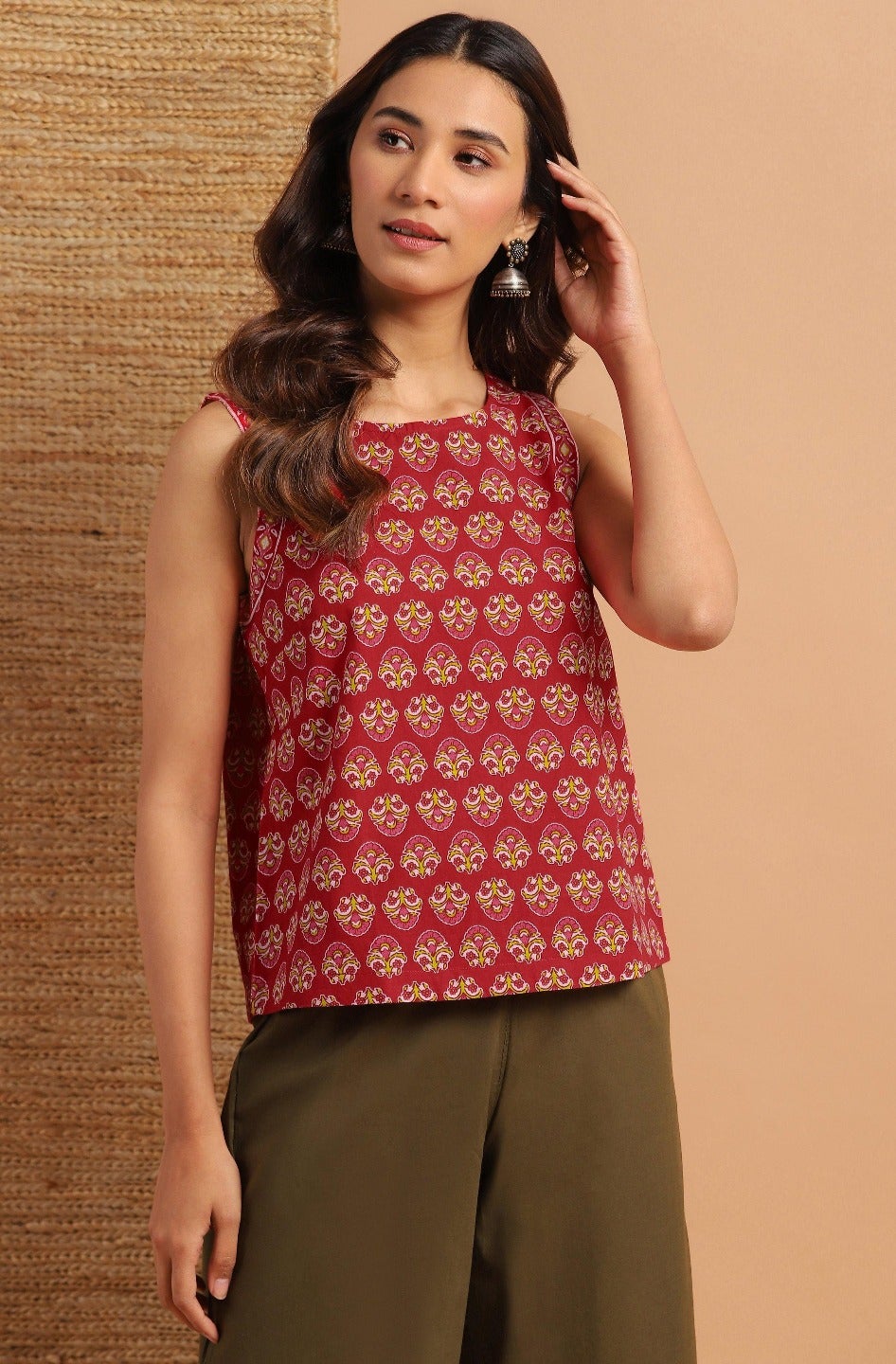 Red Cotton Floral Print Regular Top Janasya