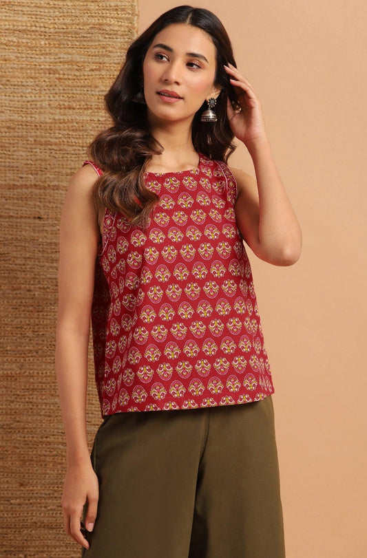 Red Cotton Floral Print Regular Top Janasya