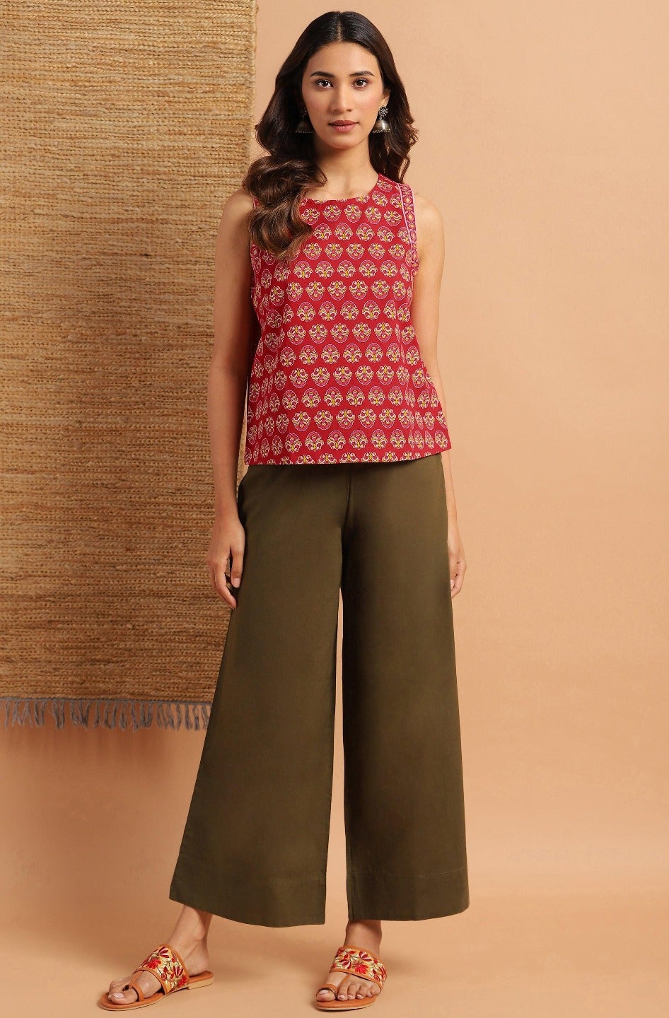 Red Cotton Floral Print Regular Top Janasya