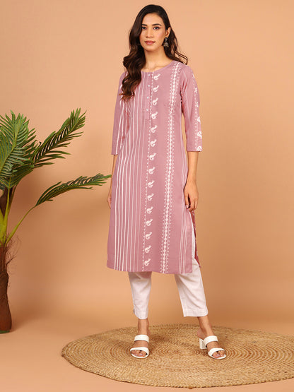 Pastel Pink Cotton Animal Print Straight Kurta Janasya