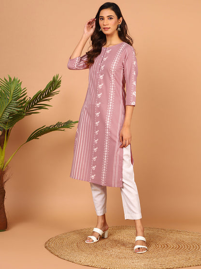 Pastel Pink Cotton Animal Print Straight Kurta Janasya