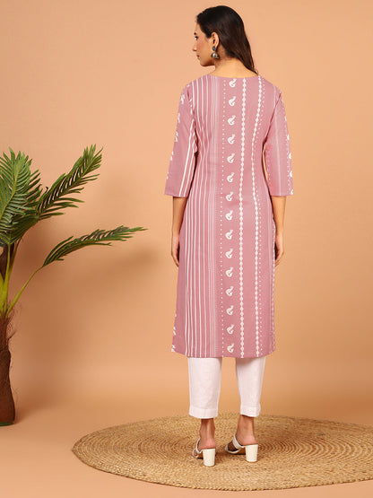 Pastel Pink Cotton Animal Print Straight Kurta Janasya