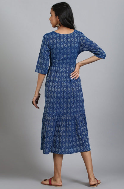 Blue Cotton Woven Design Flared Western Dress Janasya