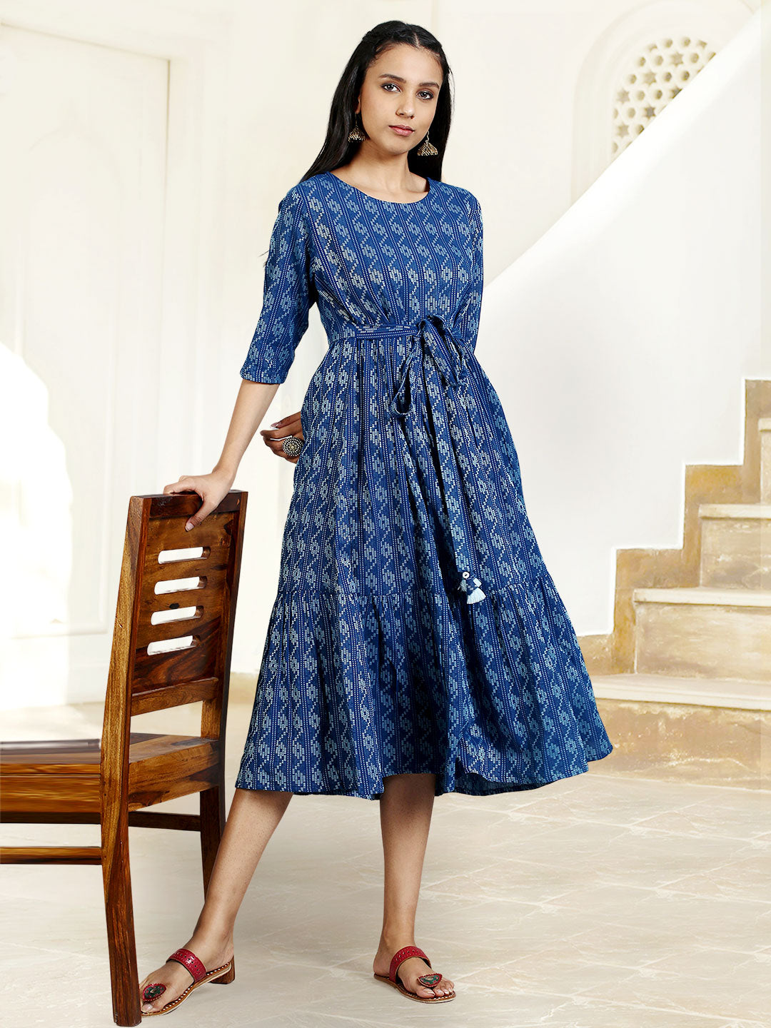 Blue Cotton Woven Design Flared Western Dress Janasya