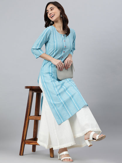 Blue Cotton Striped Straight Kurta Janasya
