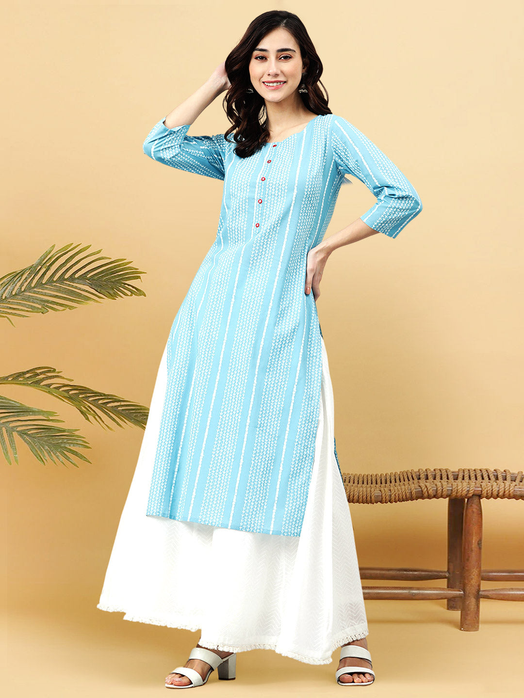 Blue Cotton Striped Straight Kurta Janasya