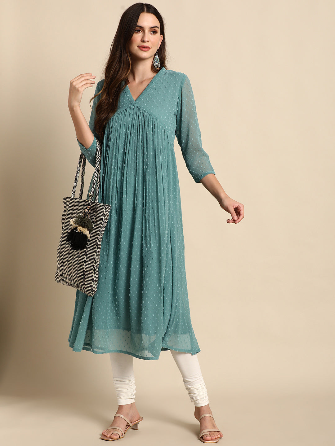 Green Poly Chiffon Self Design Flared Kurta Janasya