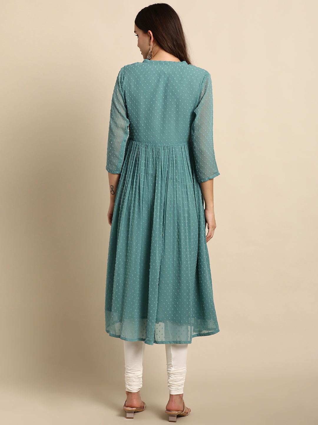 Green Poly Chiffon Self Design Flared Kurta Janasya