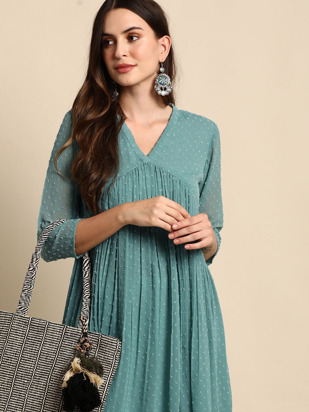 Green Poly Chiffon Self Design Flared Kurta Janasya