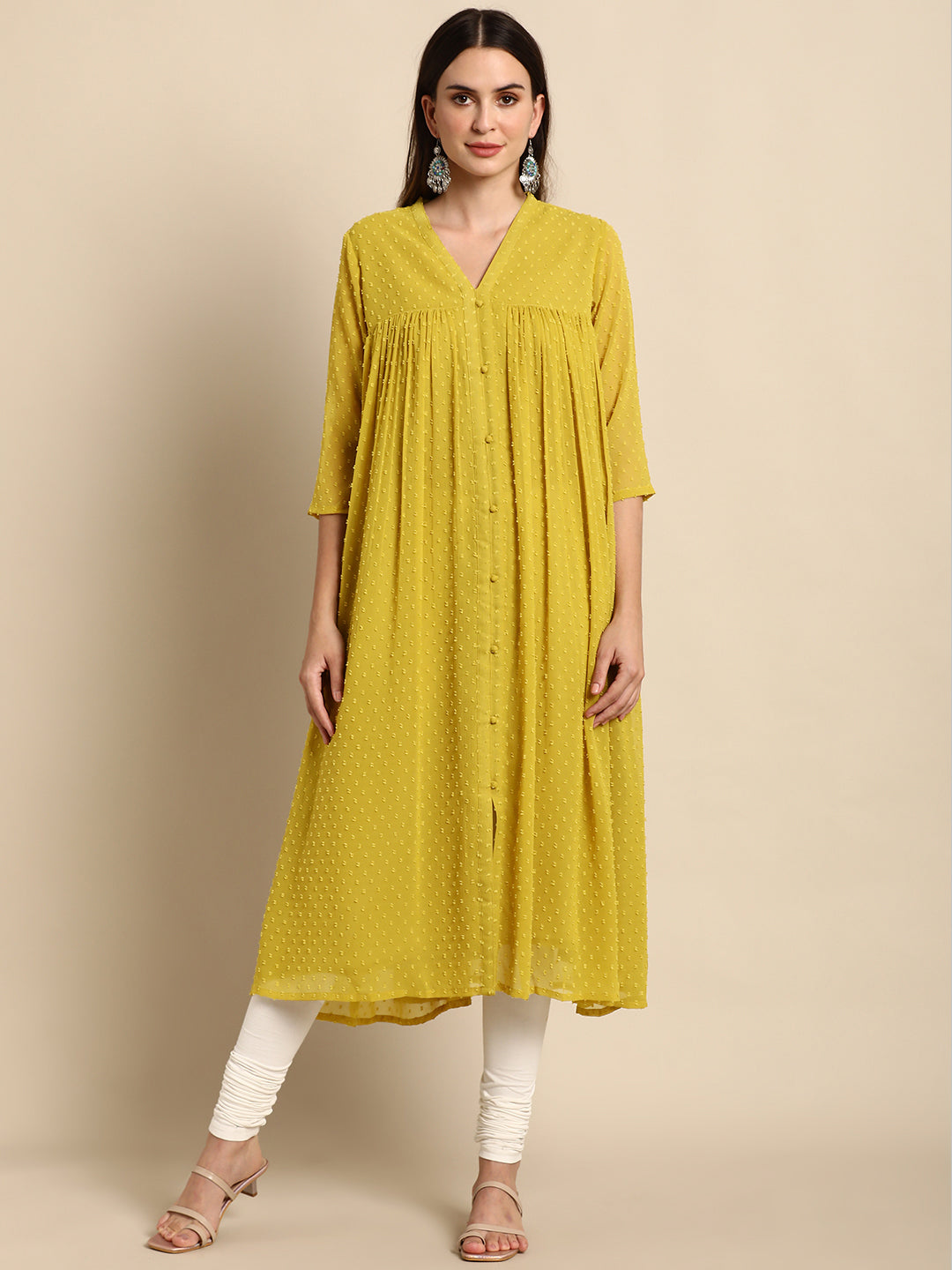 Mustard Poly Chiffon Self Design Frontslit Kurta Janasya