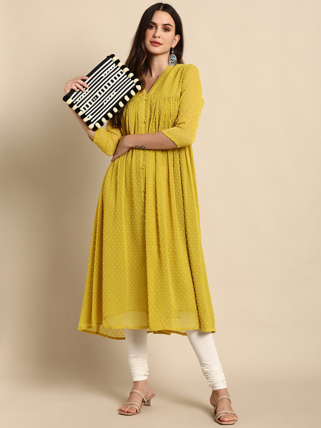 Mustard Poly Chiffon Self Design Frontslit Kurta Janasya