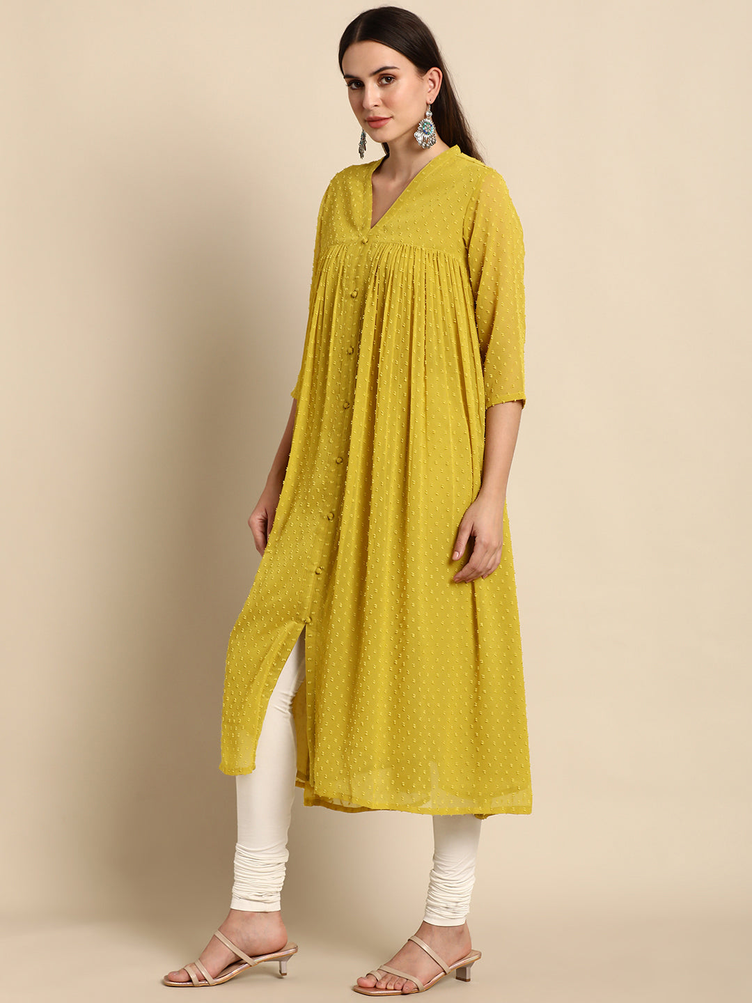 Mustard Poly Chiffon Self Design Frontslit Kurta Janasya