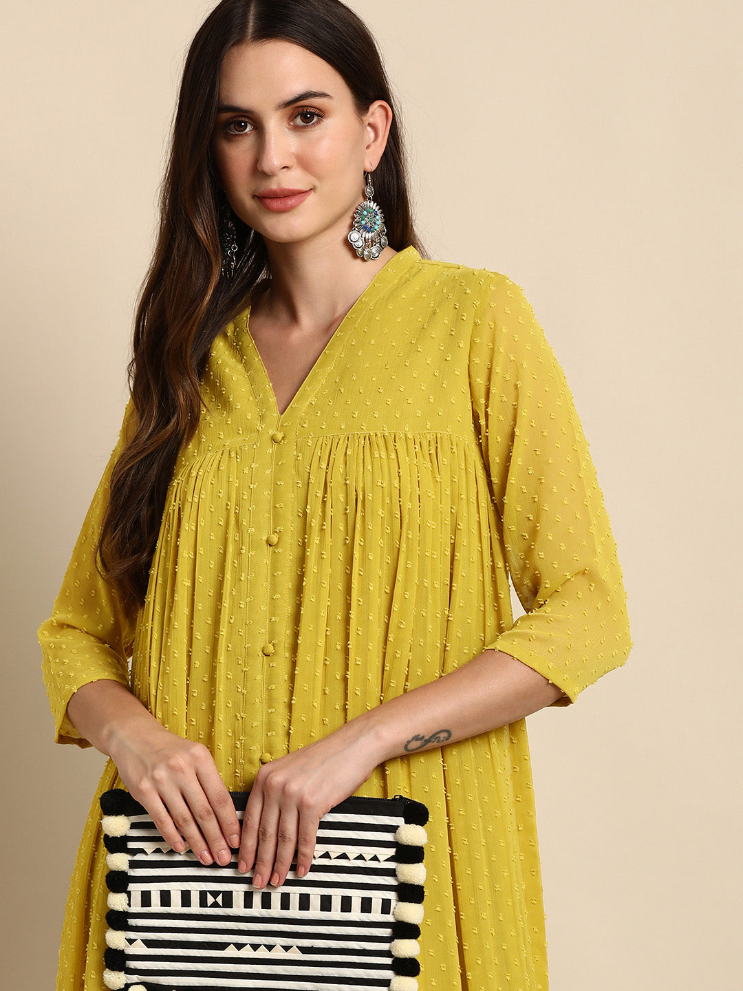 Mustard Poly Chiffon Self Design Frontslit Kurta Janasya
