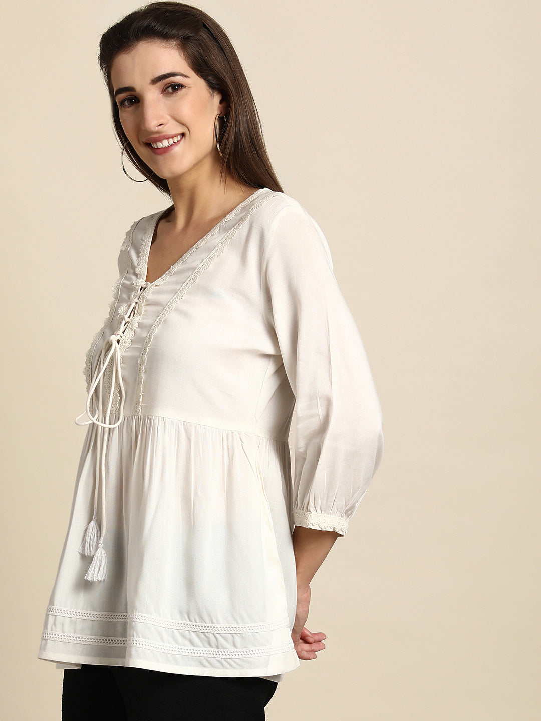 White Rayon Solid Flared Top Janasya