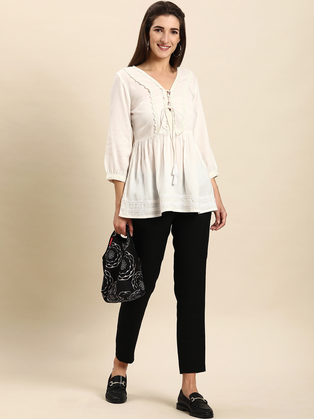 White Rayon Solid Flared Top Janasya