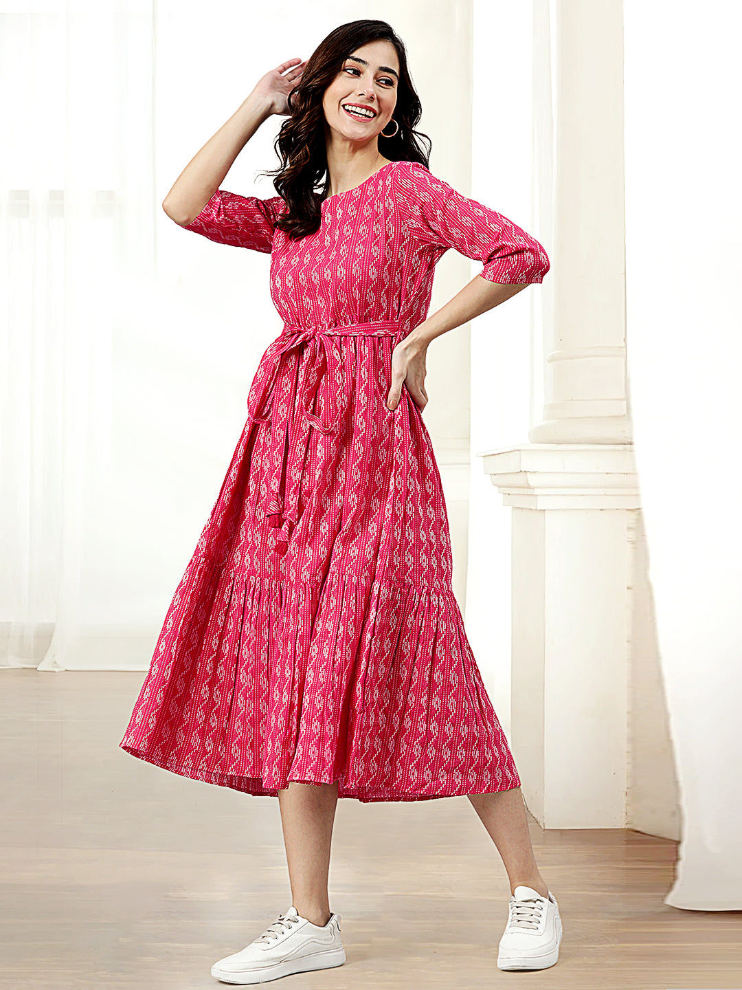 Pink Cotton Woven Design Tiered Western Dress Janasya