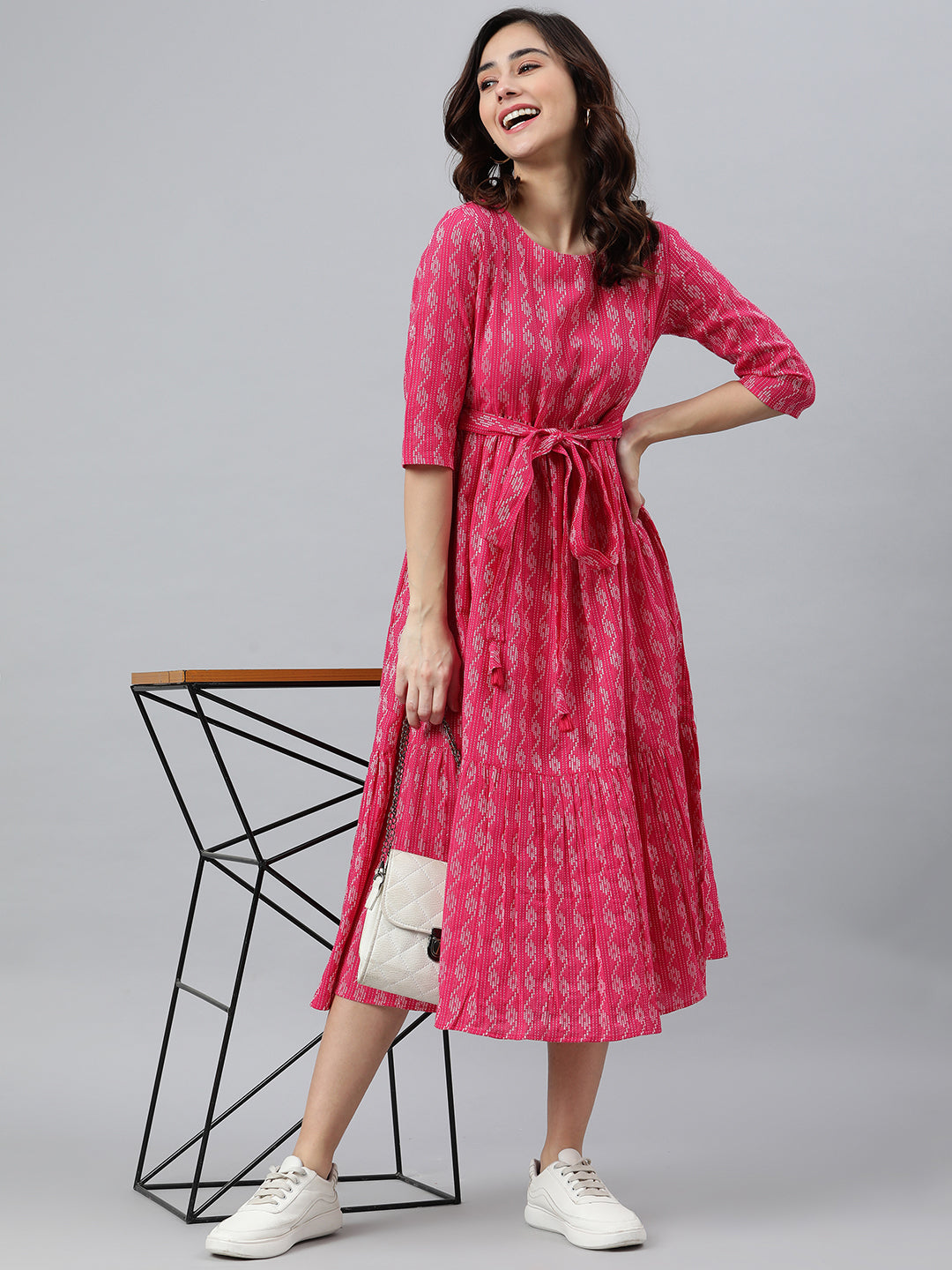 Pink Cotton Woven Design Tiered Western Dress Janasya