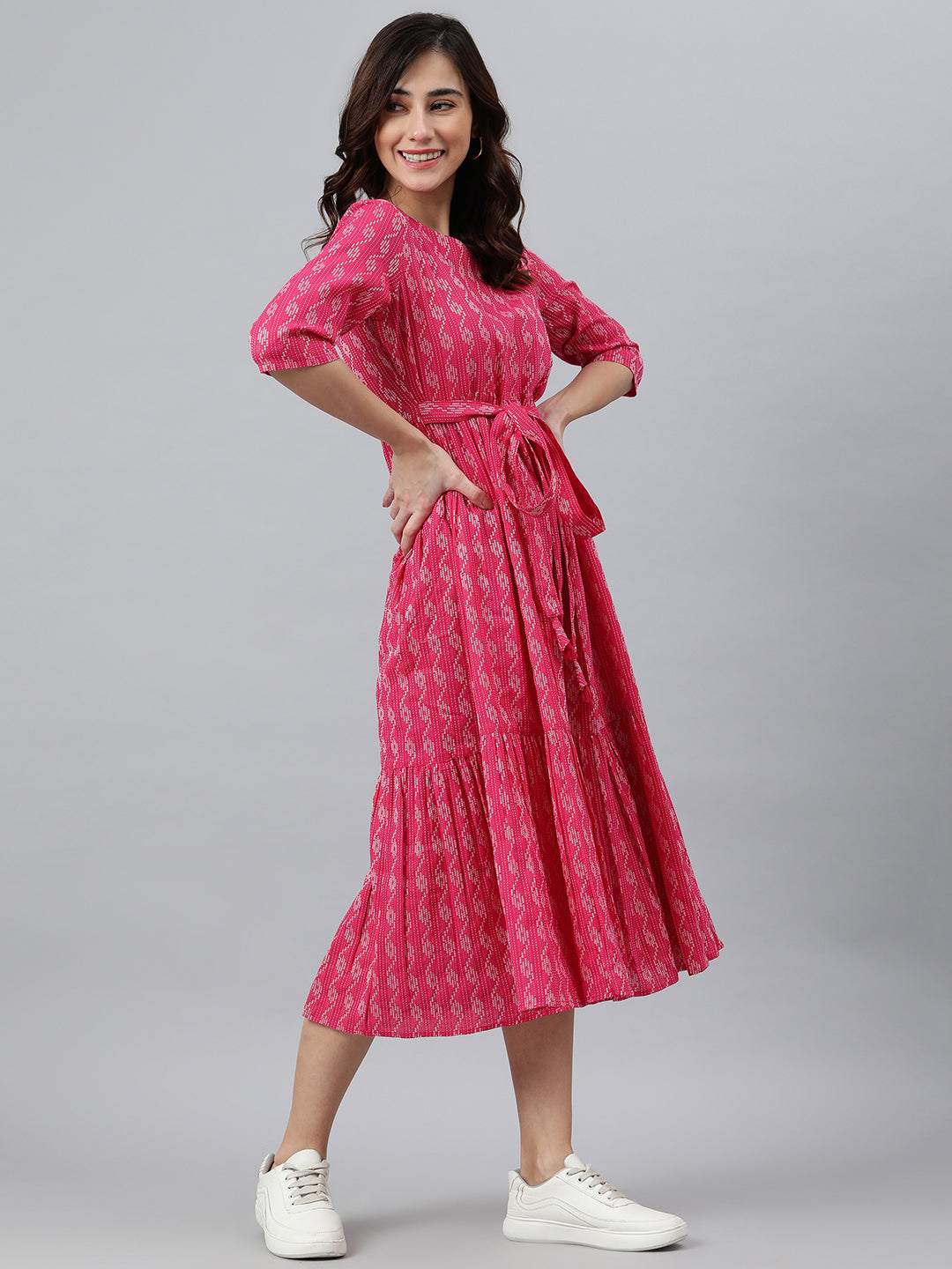 Pink Cotton Woven Design Tiered Western Dress Janasya